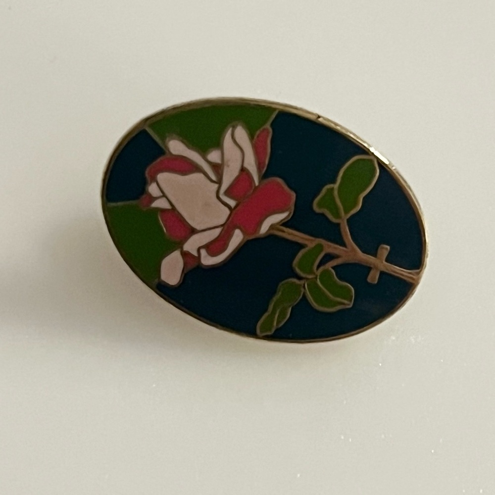 Vintage Cloisonne Rose Flower With Cross Brooch Pin